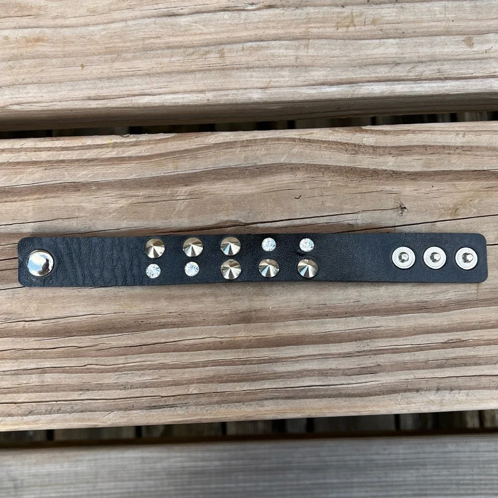 - Stud & Crystal Black Leather Cuff! NEW!
